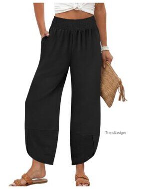 Womens Wide Leg Palazzo Pants High Waisted Cropped Flowy Summer Trousers Pockets